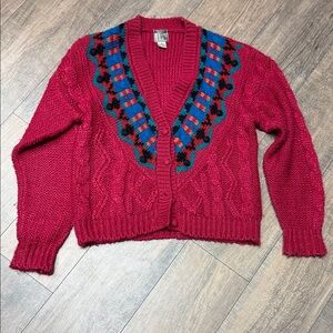 Vintage Hand Knit Cardigan Fuchsia Pink with Blue Accents